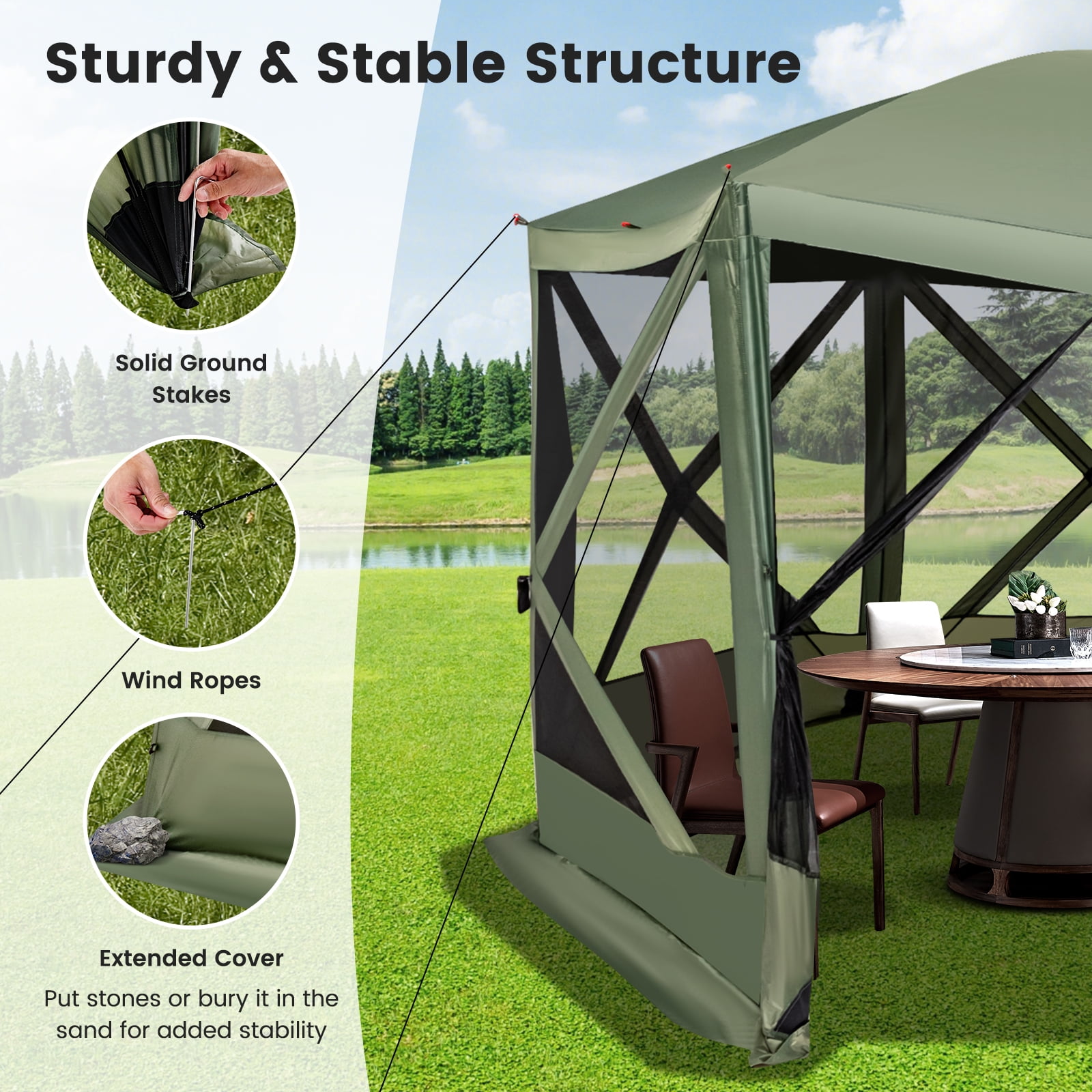 Costway 11.5 X 11.5 FT 6-Sided Pop-up Screen House Tent With 2 Wind Panels for Camping Green