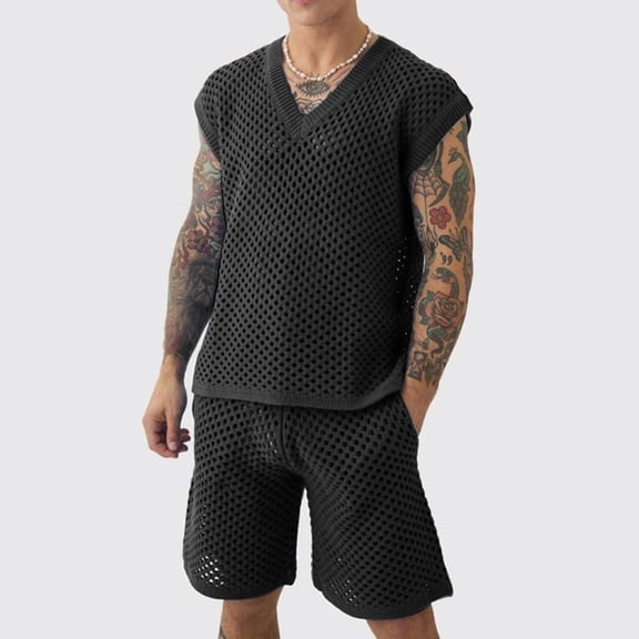 Ceisia Men Mesh Knit Sleeveless V Neck Tank Top Matching Shorts Set Solid Slim Fit Two Piece Casual Daily Outfit Suit Black S Gift