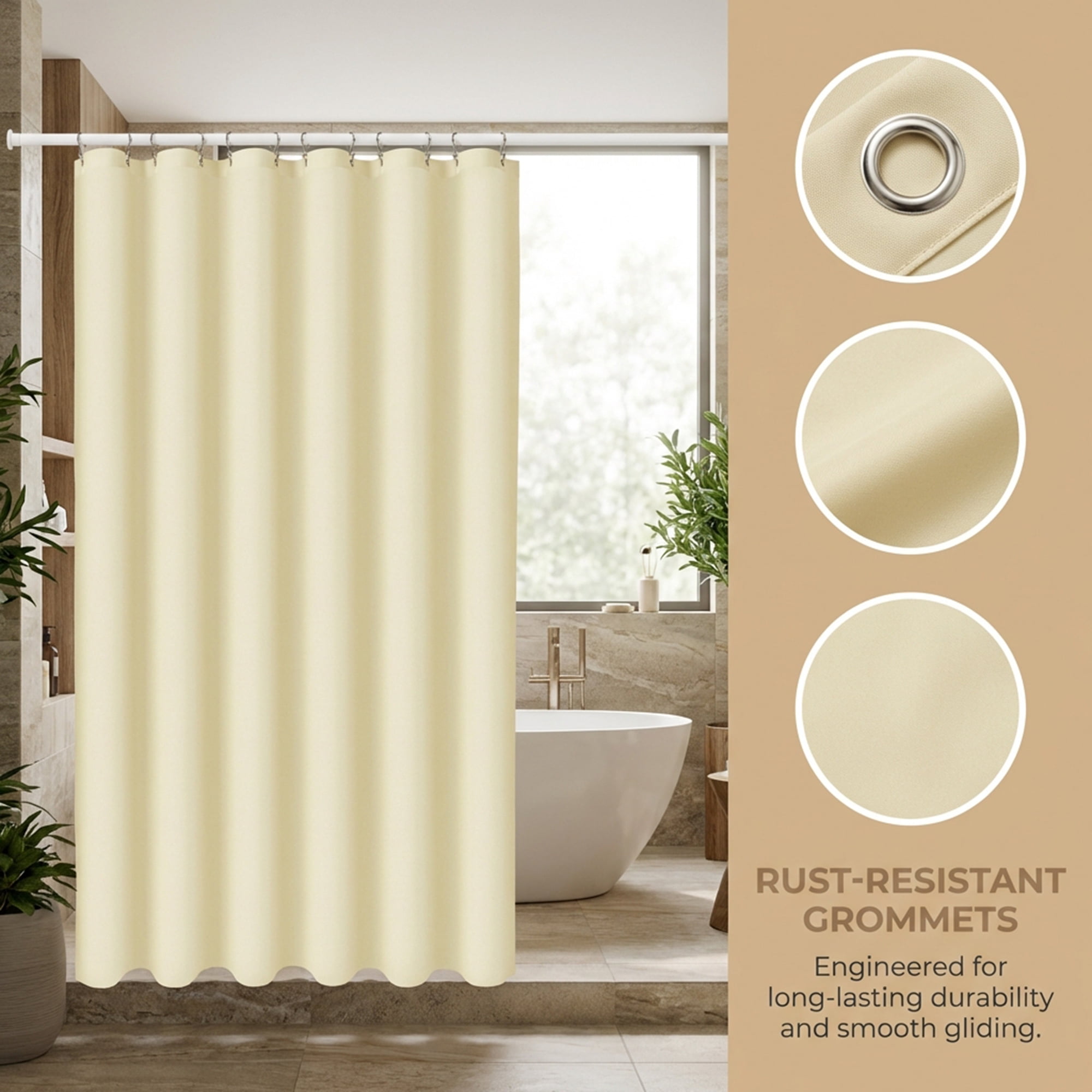 Unique Bargains Waterproof Shower Curtain Sets with 12 Hooks Light Yellow 71"W x 71"L