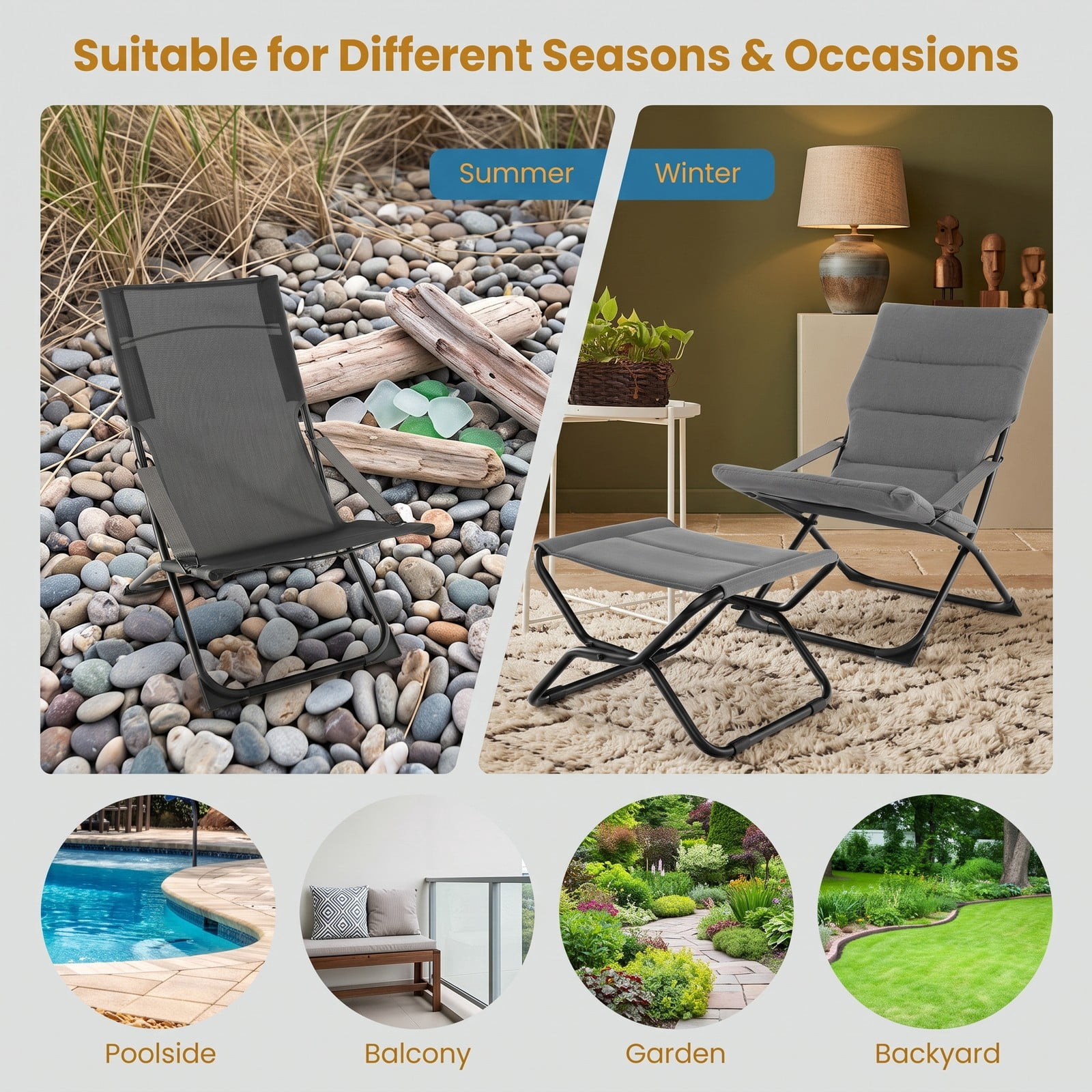 Furnibear Folding Padded Sling Chair with Ottoman Footrest and Removable Cushion for Outdoor Patio and Camping Use, Gray