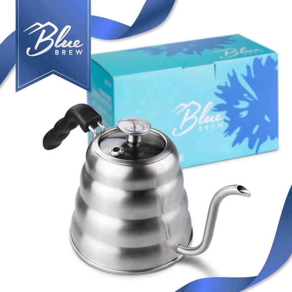 BLUE BREW Pour Over Coffee Kettle, 40 fl oz (1.2 liter), Teapot, Stainless Steel Gooseneck Kettle with Thermometer and Ergonomic Handle for all Stove Tops (BB1201)