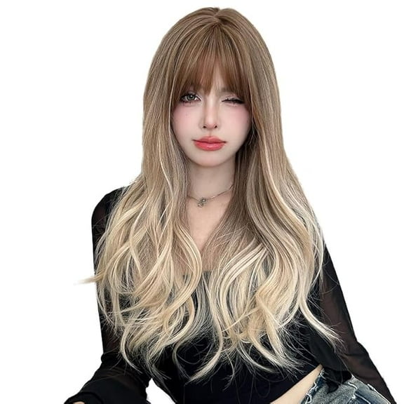 26 Inches Long Wavy Curly Wig for Women Blonde Brown Synthetic Hair Natural Curly Wig With Airy Bangs Party Cosplay Wig, Gradient Blonde