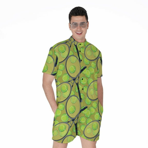 Tennis Ball And Racket Pattern Short Sleeve Men'S Rompers, Tennis Player Sports Casual Summer Jumpsuits Outfit