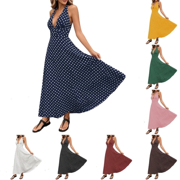 Tqcoqu Womens Deep V-Neck Polka Dot Print Halter Boho Long Maxi Dresses,Black Women's S-XXL