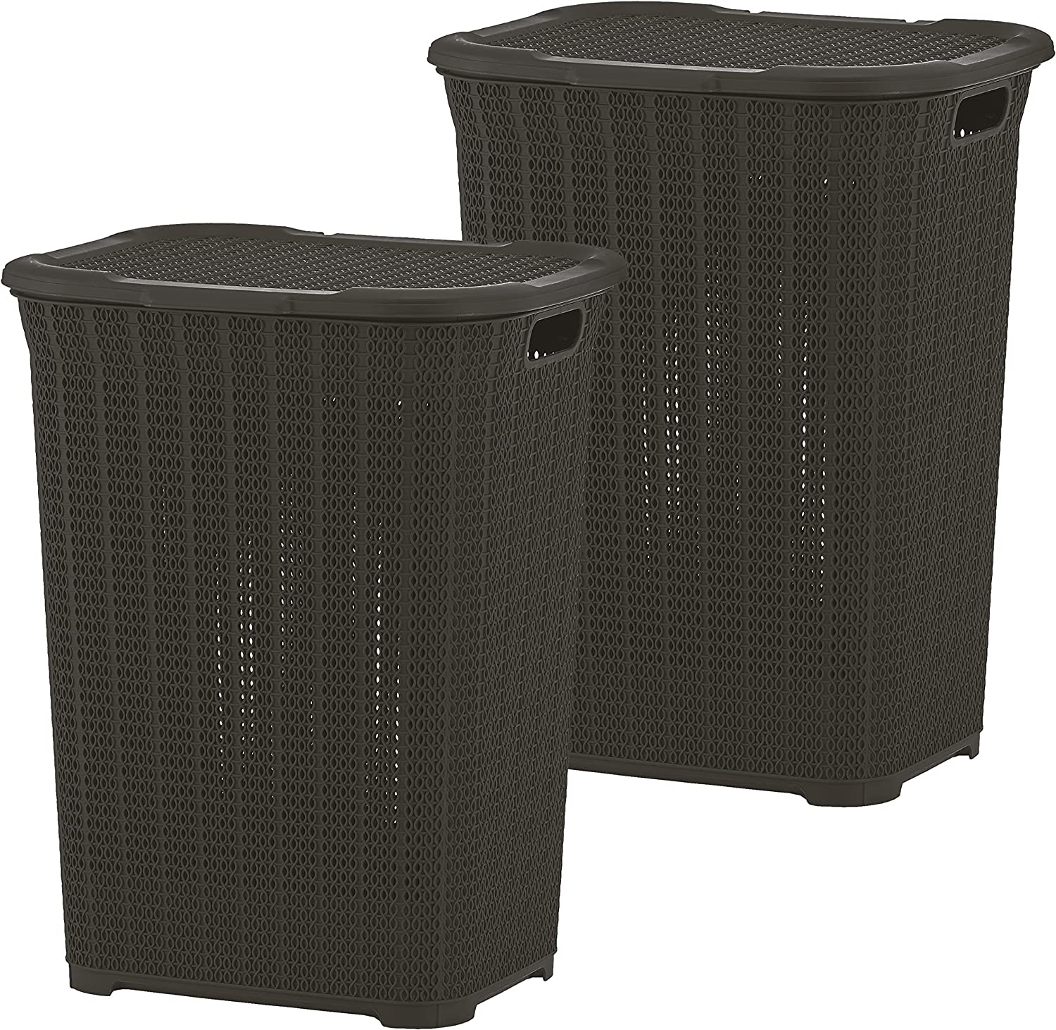 Superio 50L Large Knit Plastic Laundry Hamper with Lid Brown (2 Pack)