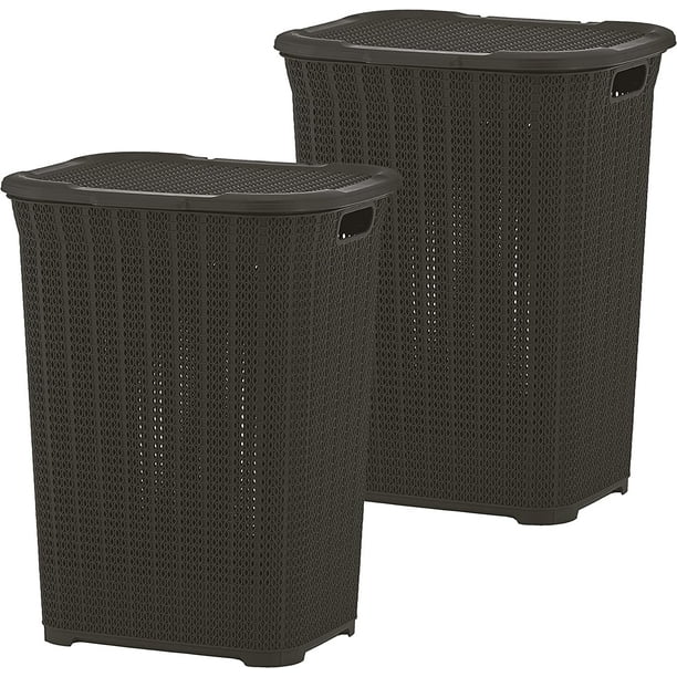 Superio 50L Large Knit Plastic Laundry Hamper with Lid Brown (2 Pack