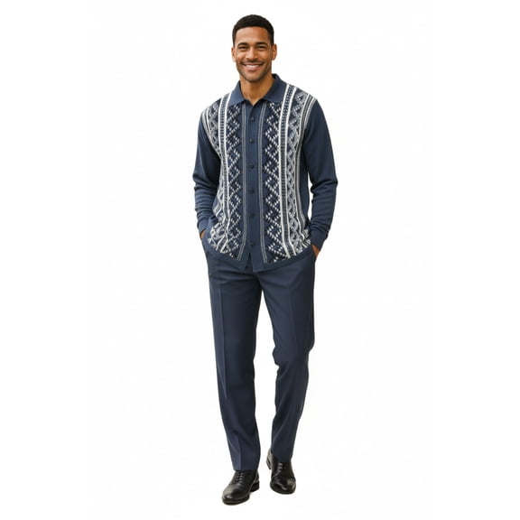 Men Silversilk 2pc Fancy walking leisure suit Italian woven knits 14010 Blue