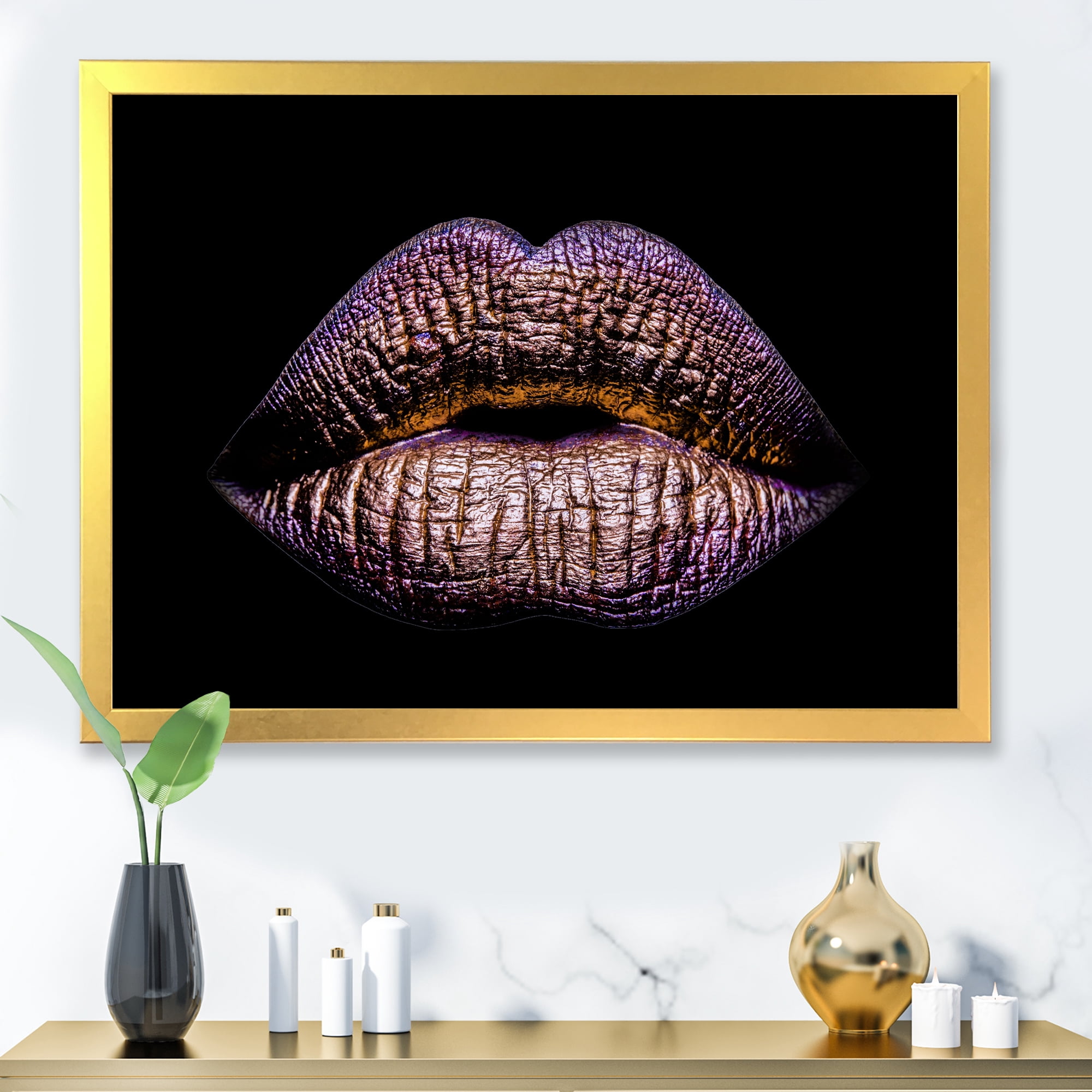 Designart 'Sexy Golden Metallized Woman Lips V' Modern Framed Art Print