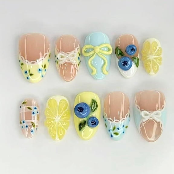 SELVORIA 30Pcs Spring French Tip Press On Nails Short Almond Shape 3D Lemon Blueberry Bow Fake Nails Reusable Acrylic False Nails Cute Summer Fruit Themed Stick on Nails for DIY Acrylic Nails Kit