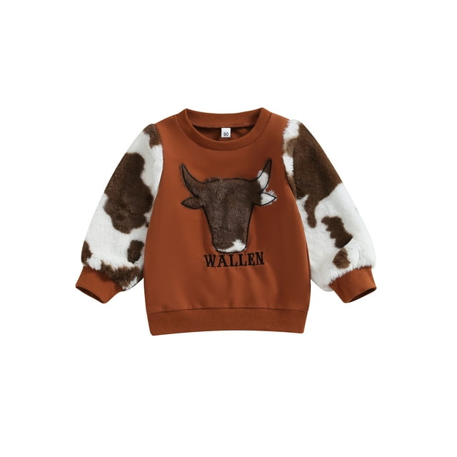 Mialoley Enfants Garçons Sweat-Shirt, Manches Longues Col Rond Hoodie Broderie Vache Tête Lettres Patchwork Pull Tops