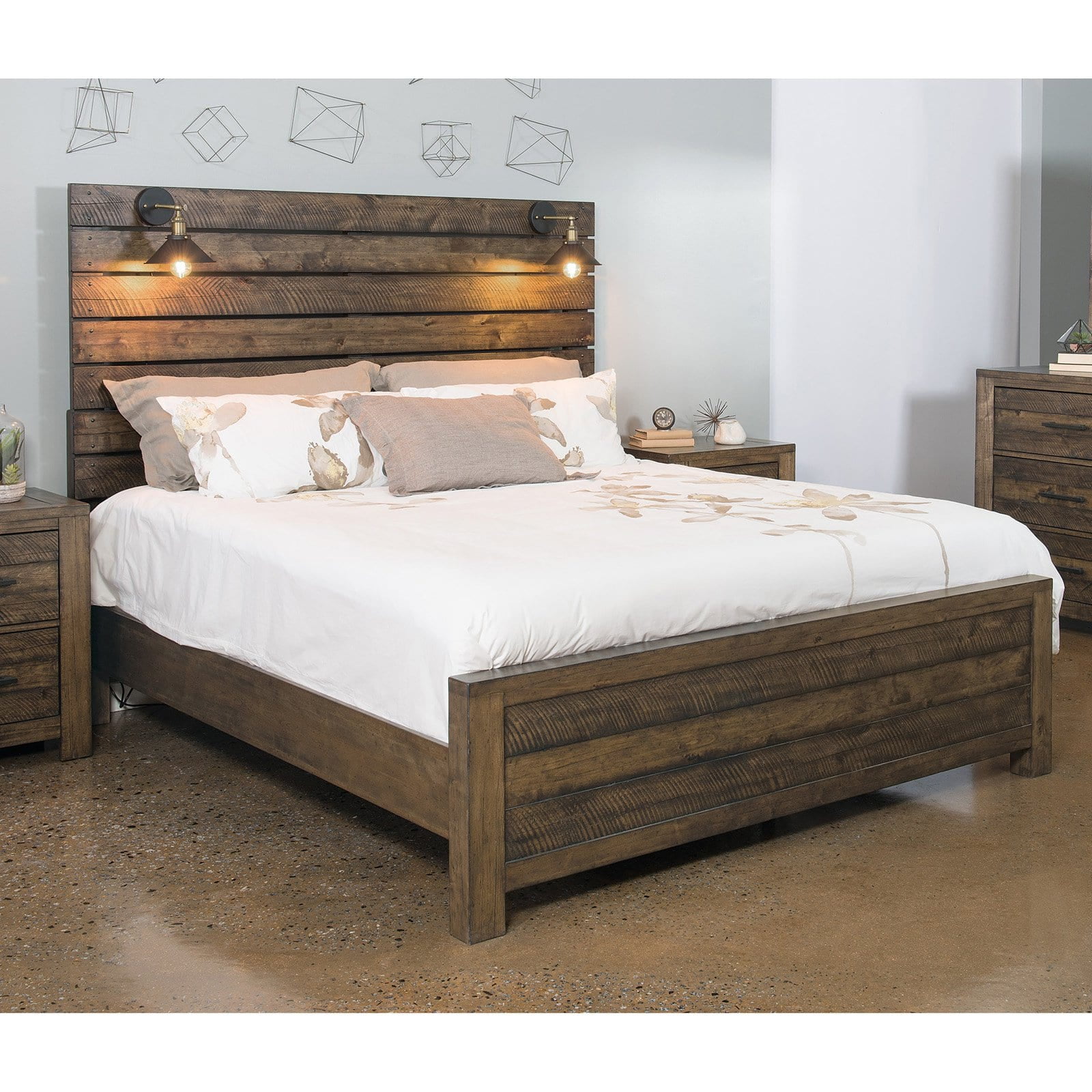 Roundhill Furniture Dajono Panel Bed, King Size Headboard With Built In Reading Lights