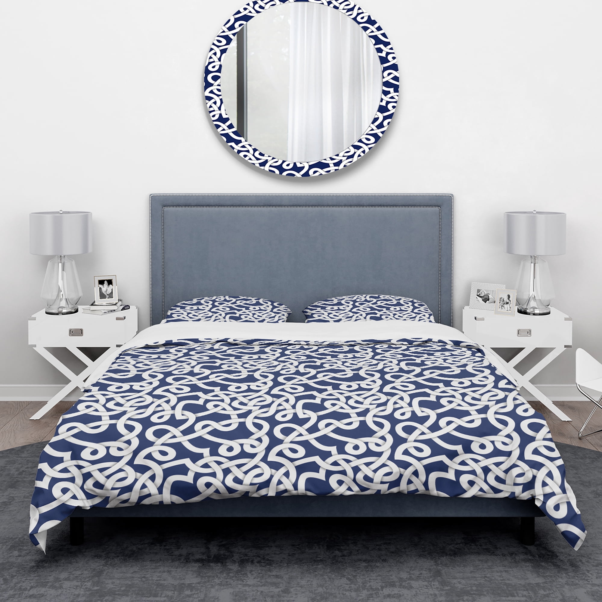 Designart 'White & Blue Abstract Pattern' Mid-Century Modern Duvet Cover Set