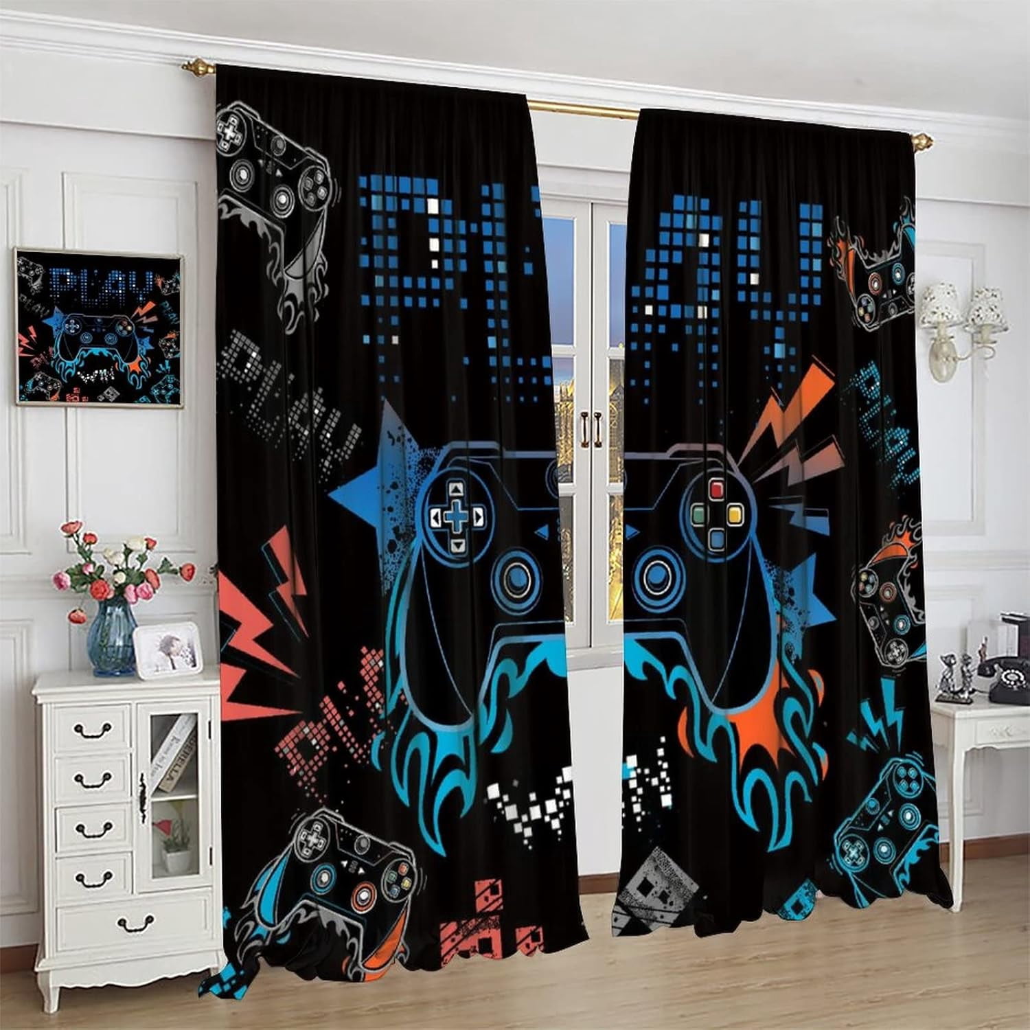 Gamepad Curtains for Kids Boys Girls Teens Colorful Game Controller Thermal Insulated Room Curtains for Living Room, 84x84 Inch Blackout