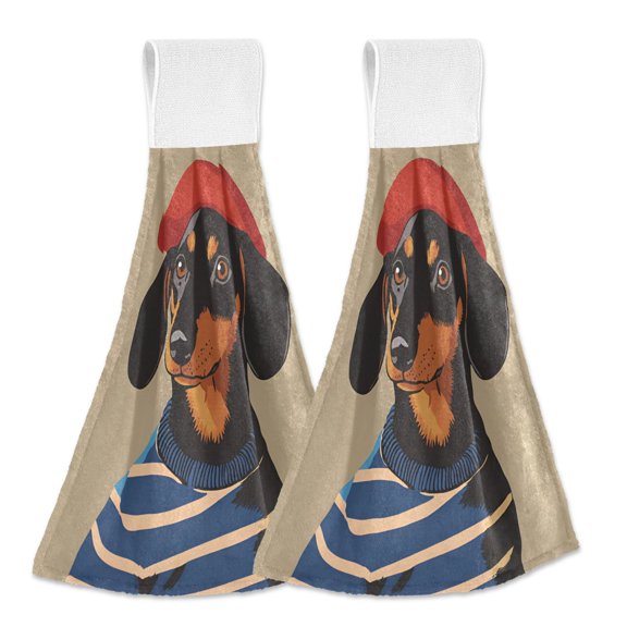 Yayeee Kitchen Hanging Hand Towels Set of 2 with Loop Bathroom Absorbent Tie Towel, Dog Artist