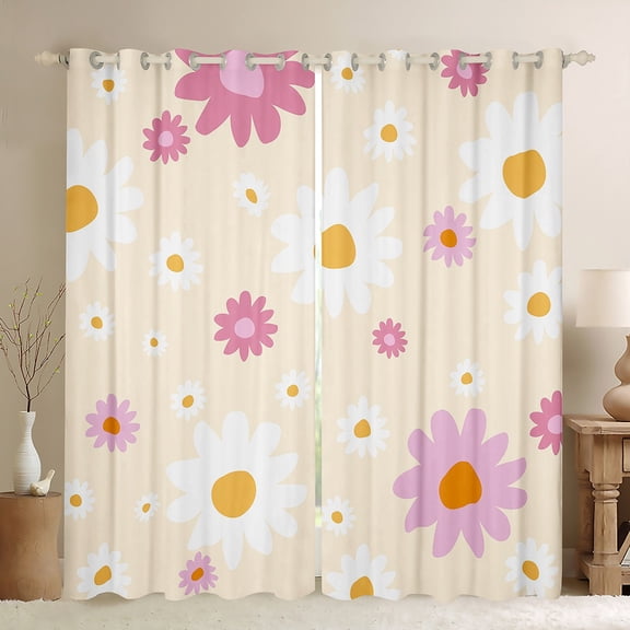 Feelyou Princess Groovy Flower Black Out Curtains, Cartoon Daisy Floral Curtains Pack of 2 (42x63 Each), Teens Kids Girls Women Bedroom Curtains, Blackout Curtains Bedroom Decor