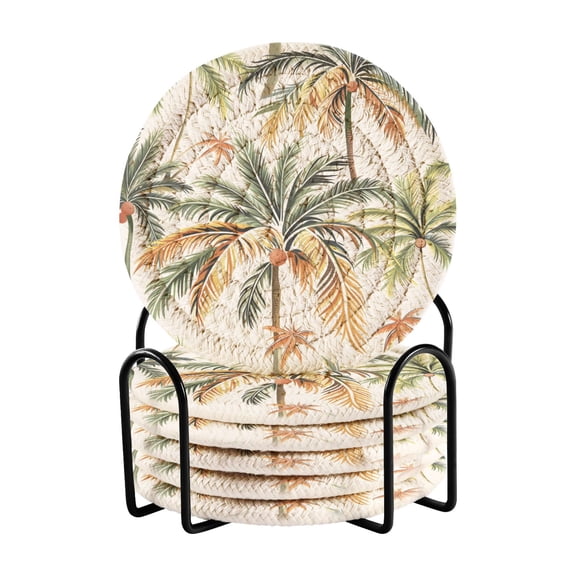 Coconut Trees Full 6 Pcs Drink Coasters with Holder Absorbent Coasters Woven Coasters for Drinks Table Desk Protection Home Decor