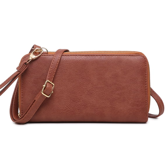 Poppy Women's Rfid Blocking Crossbody Wallet Pu Vegan Leather Cell Phone Shoulder Purse Card Holder Clutch with Dual Zipper Detachable Wrist Strap