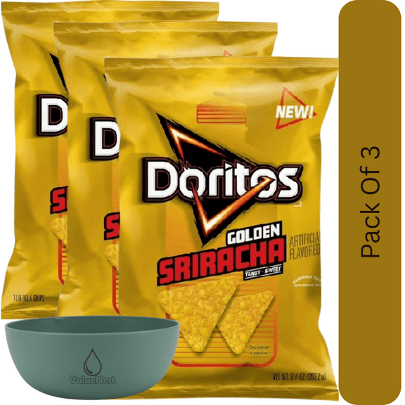 Doritos Golden Sriracha Tangy and Sweet Tortilla Chips, 9.25 oz Pack With Olive Green Bowl By ValueNest