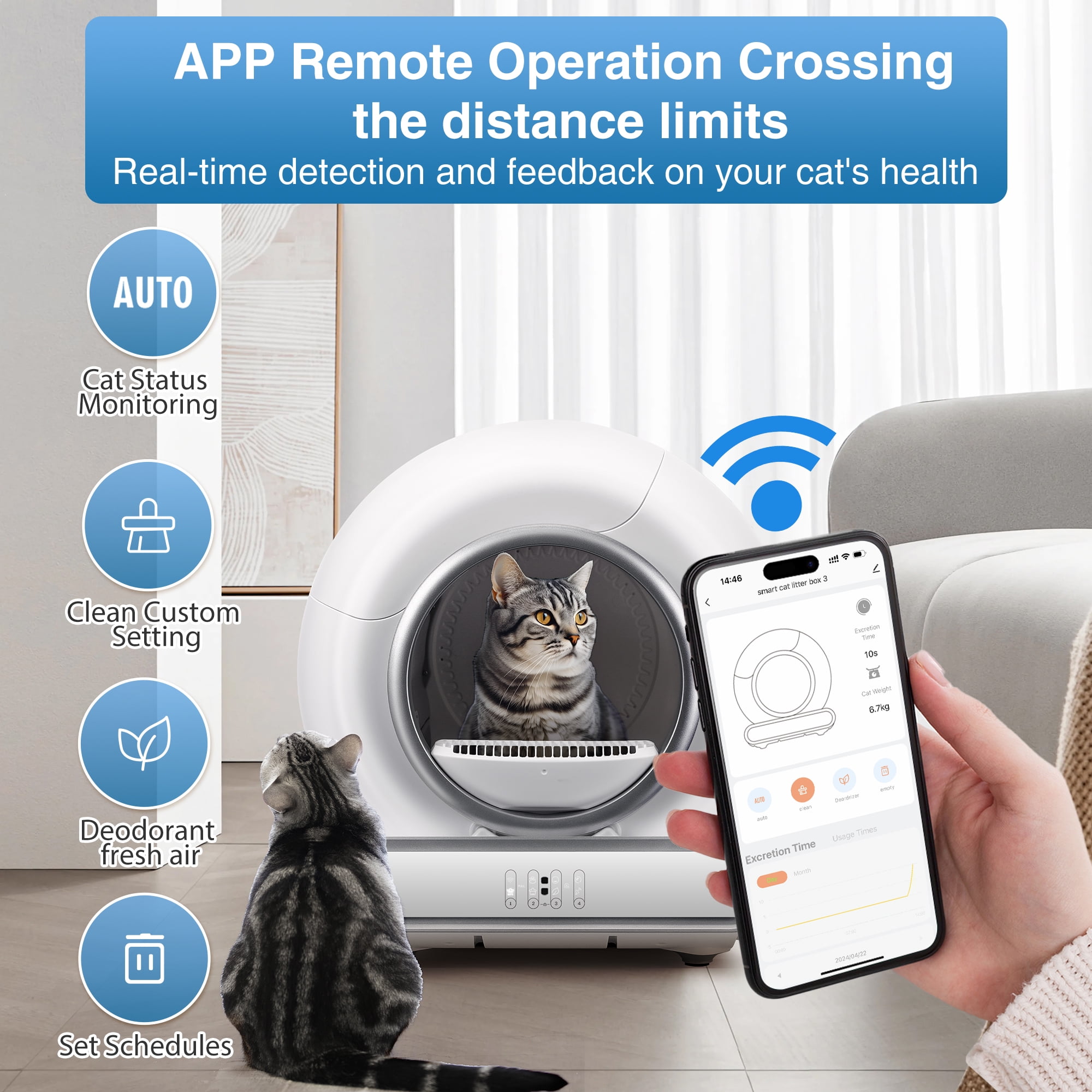 Automatic Self Cleaning Litter Box for Multiple Cats, 65L+9L Large Capacity, APP Remote Control with Health Monitoring, Odor Control, Quiet Operation, Included 2 liners, White