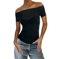 thumbnail image 1 of Coduop Women's Off Shoulder Shirt Y2K Short Sleeve Slim Fit Sheer Blouse Top, 1 of 3
