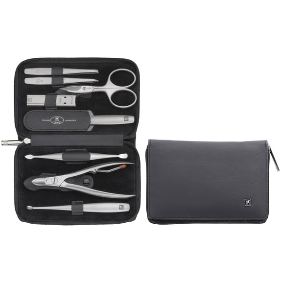 ZWILLING Manicure Set (8 piece, comprehensive nail care, pedicure, travel size, genuine leather case with zipper), Premium, Black