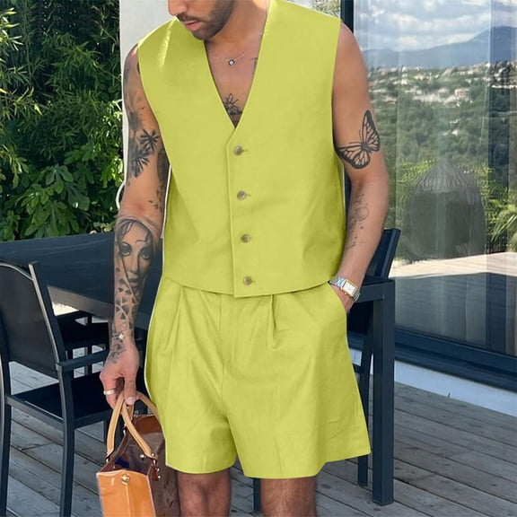 Yaoyar Mens V-Neck Sleeveless Casual Vest with High Waist Wide Leg Shorts Matching Two Piece Set Coordinated Outfit Complete Ensemble