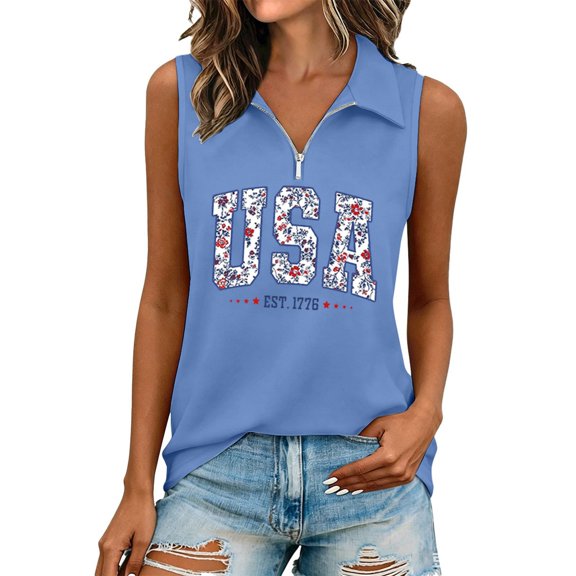 KHONTS Women's Quarter Zip Golf Shirts USA Printed Independence Day Sleeveless T-Shirts Casual Summer Tops 01-Blue XL