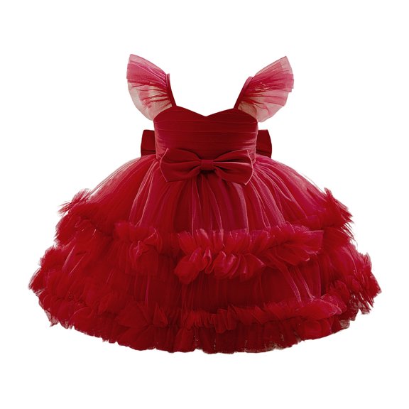 Bmisegm Girls Summer Dress Party Bow Tiered Skirt Flutter Sleeves Formal Occasion Performance Tutu Gown Dresses for Girls