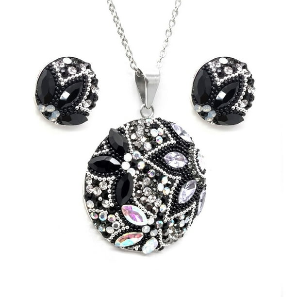 Juego de aretes y cadena con dije ZVEZDA plata mexicana ley .925 negro