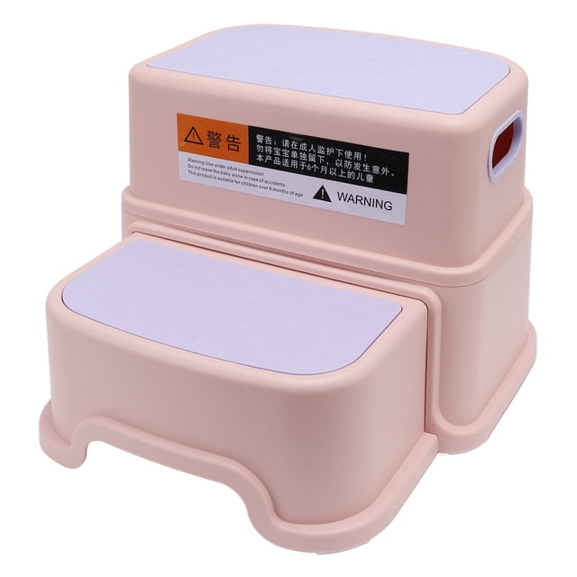 taburete escalonado para niños pequeños, taburete para niños para cocinas taburete de plástico rosa con dos niveles y almohadillas antideslizantes en las superficies, asas laterales integradas y base con seis tiras antideslizantes, aprox. 33 x 23 cm; a menudo se usa como apoyo para alcanzar fregadero o encimera.
