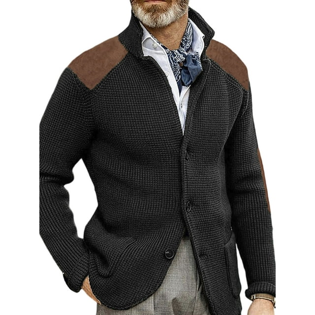 MAWCLOS Mens Cardigan Sweater Long Sleeve Jacket Button Down Coat Knitted Winter Warm Open Front Outwear Black 3XL