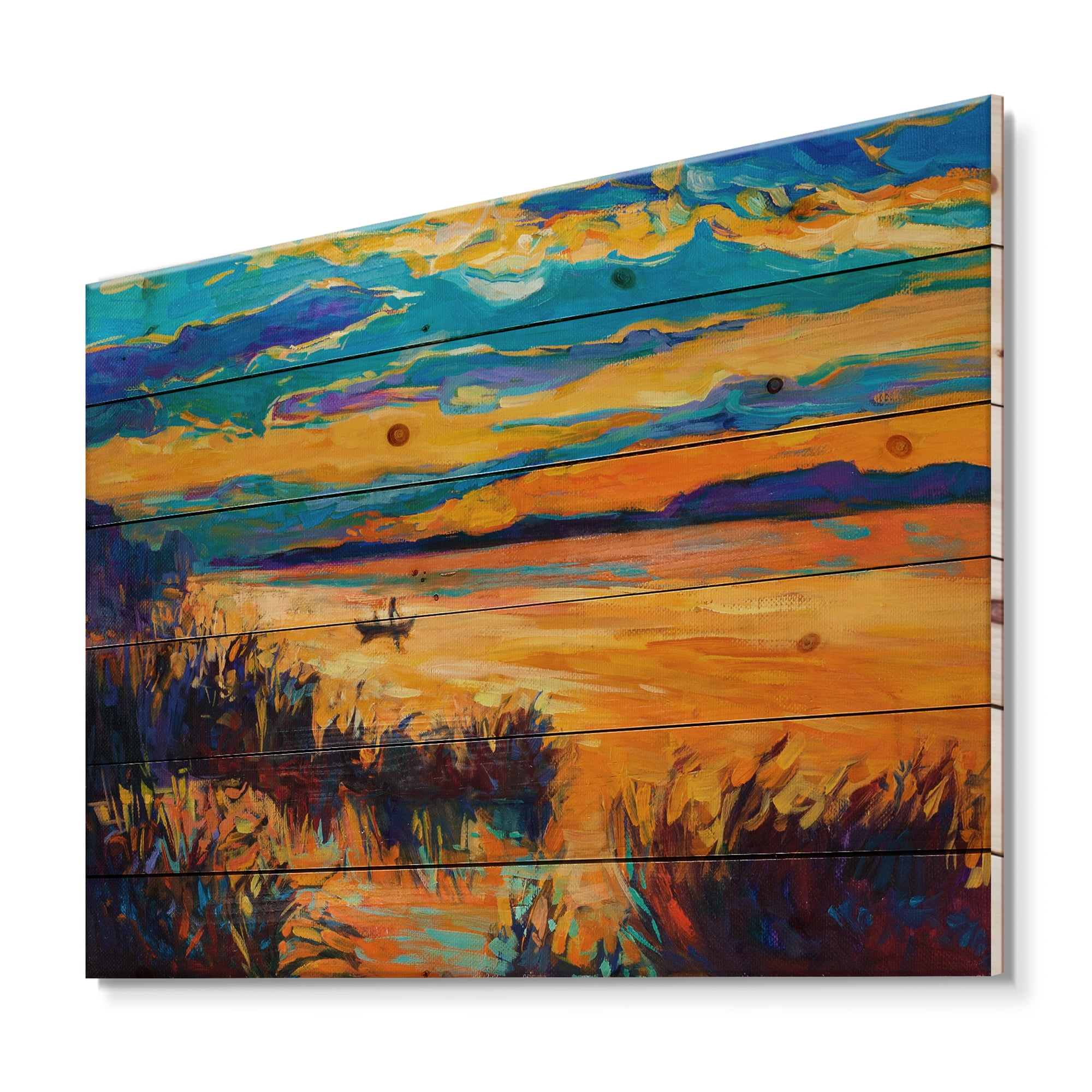 Designart 'Little Boat At The Horizon Of A Lake During Evening Glow' Nautical & Coastal Print on Natural Pine Wood