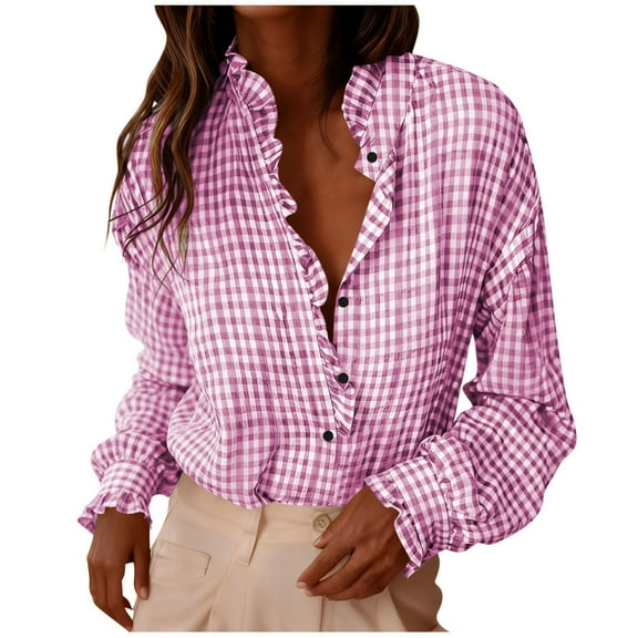 iHengLiXing Long Sleeve Tops for Women Women's Classic Checkered Striped Button-Down Shirt With Roll-Up Sleeves And Turn-Down Collar Pink XXL