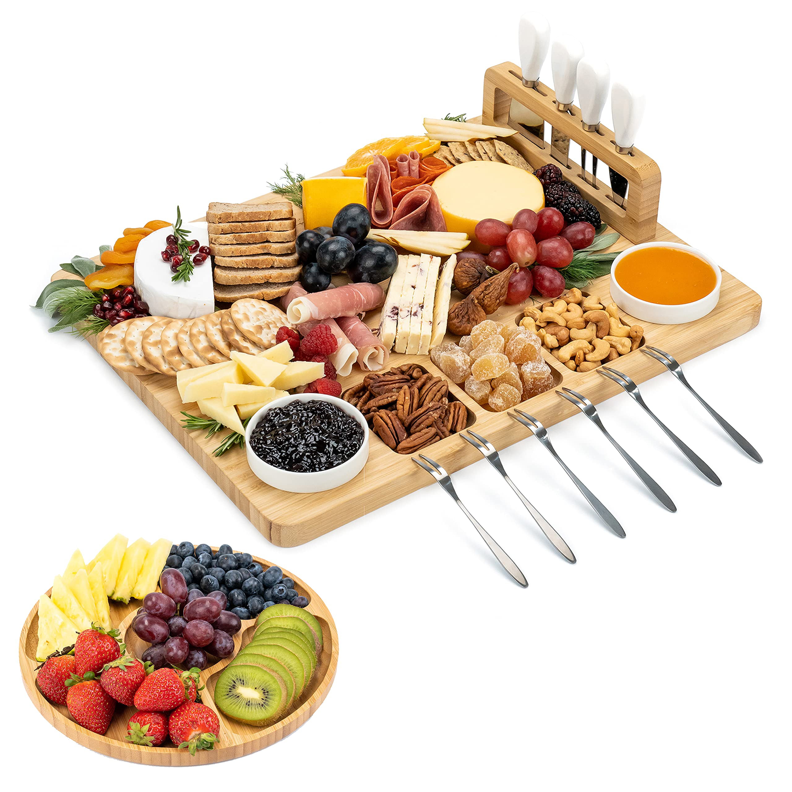 Round Cheese Board Set Wooden Charcuterie Meat Platter Serving Tray With Knifes Fork Cutlery 