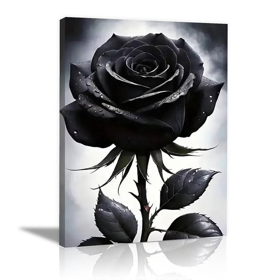Mudket Framed Canvas Wall Art, Black Rose with Dew Drops Wall Decor, Moody Gothic Floral Minimalist Waterproof Ready to Hang Art Prints for Bedroom Bathroom Living Room Home Decor - 12"L x 8"W
