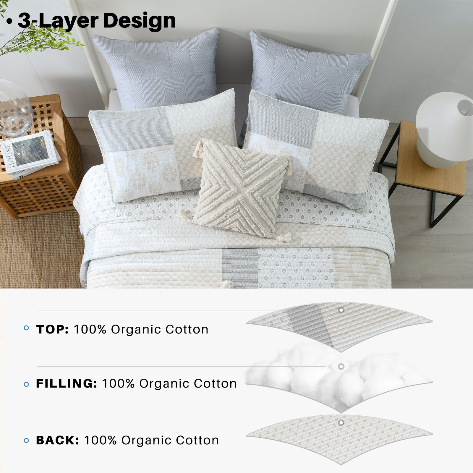 Bedduvit Beige Gray King Size Quilt - 100% Organic Cotton Floral Real-Patchwork Plaid Reversible Quilted Bedspread for King Size Bed, Modern Farmhouse Lightweight All-Season 3-Piece Comforter Set