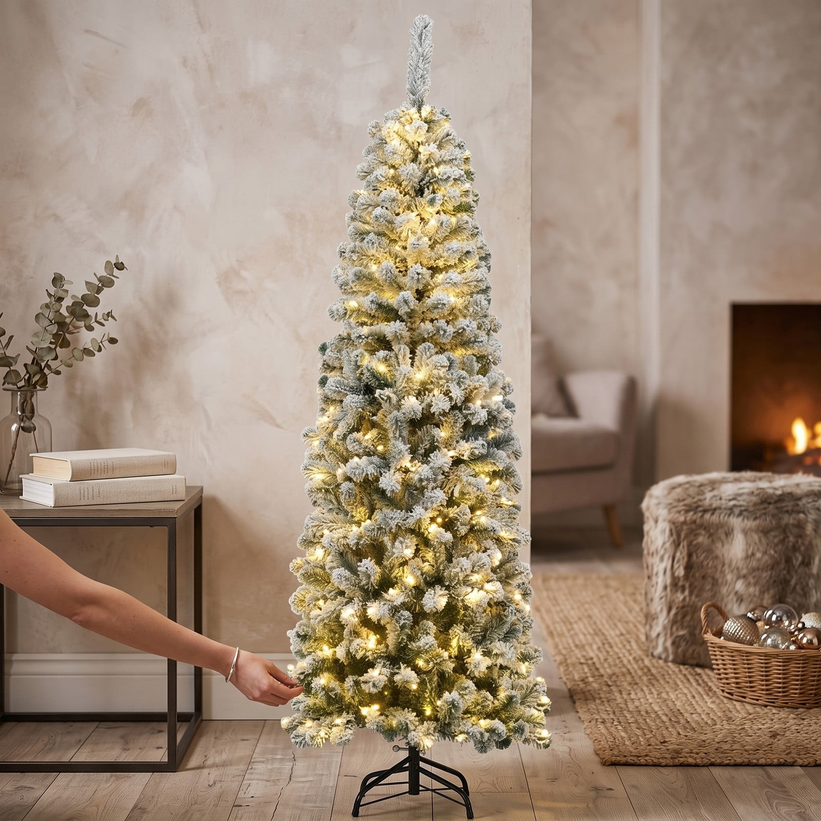 RUIE 6 Feet Pre-Lit Snow Flocked Artificial Pencil Christmas Tree with 250 Warm White LED Lights and 500 Branch Tips, Slim Metal Stand for Home Holiday Decor, White