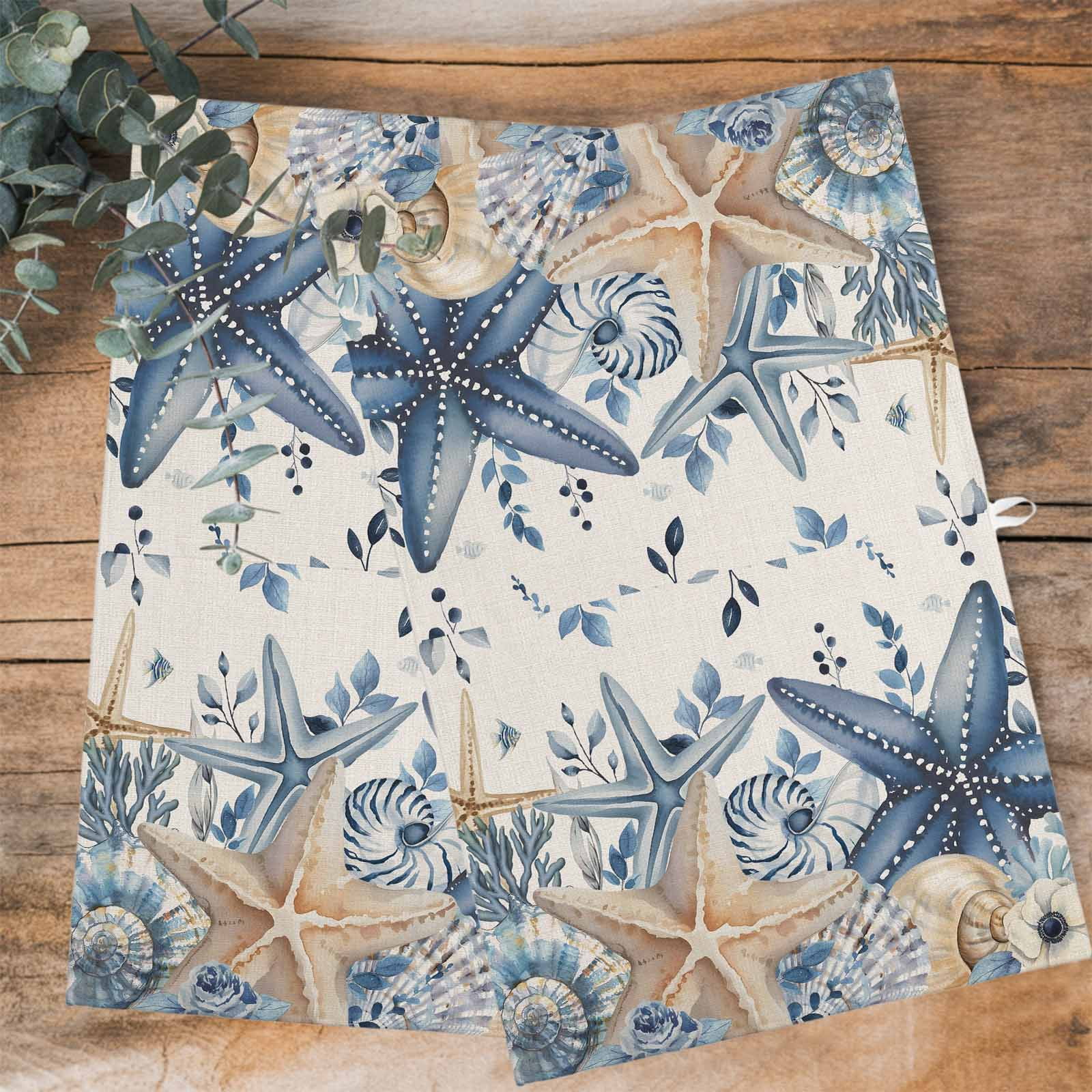 Blue Starfish Coastal Kitchen Towels Set of 4, Water Absorbent Dish Towel, Eucalyptus Summer Nautical Shell Rustic Decorative Hand Towels - Quick Drying Cloth for Cooking Baking, 18x28 Inch