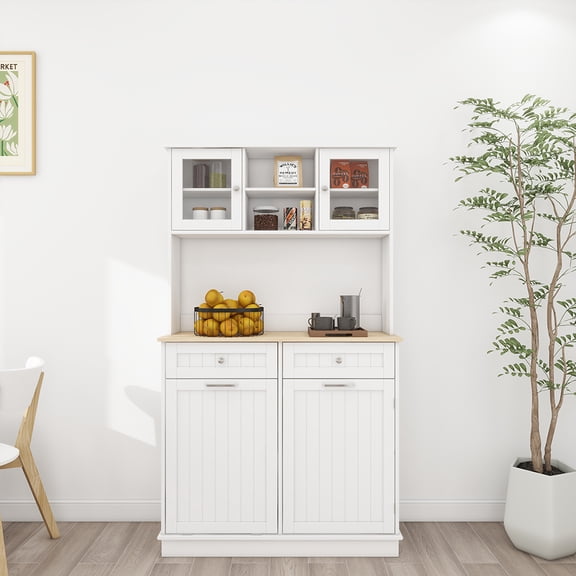 Barara King Trash Cabinet, Kichen Waste Bin Recycling Cabinet,67.7" Tall Kitchen Trash Can Storage Cabinet with 3 Shelves,Drawers and Tilt Out Trash Cabinet-White