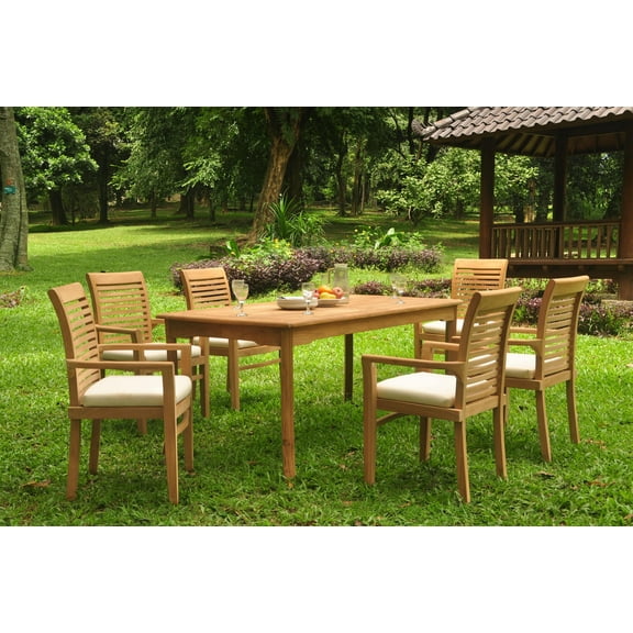 Grade-A Teak Dining Set: 6 Seater 7 Pc: 71" Rectangle Table And 6 Mas Stacking Arm Chairs Outdoor Patio WholesaleTeak #WMDSMS14
