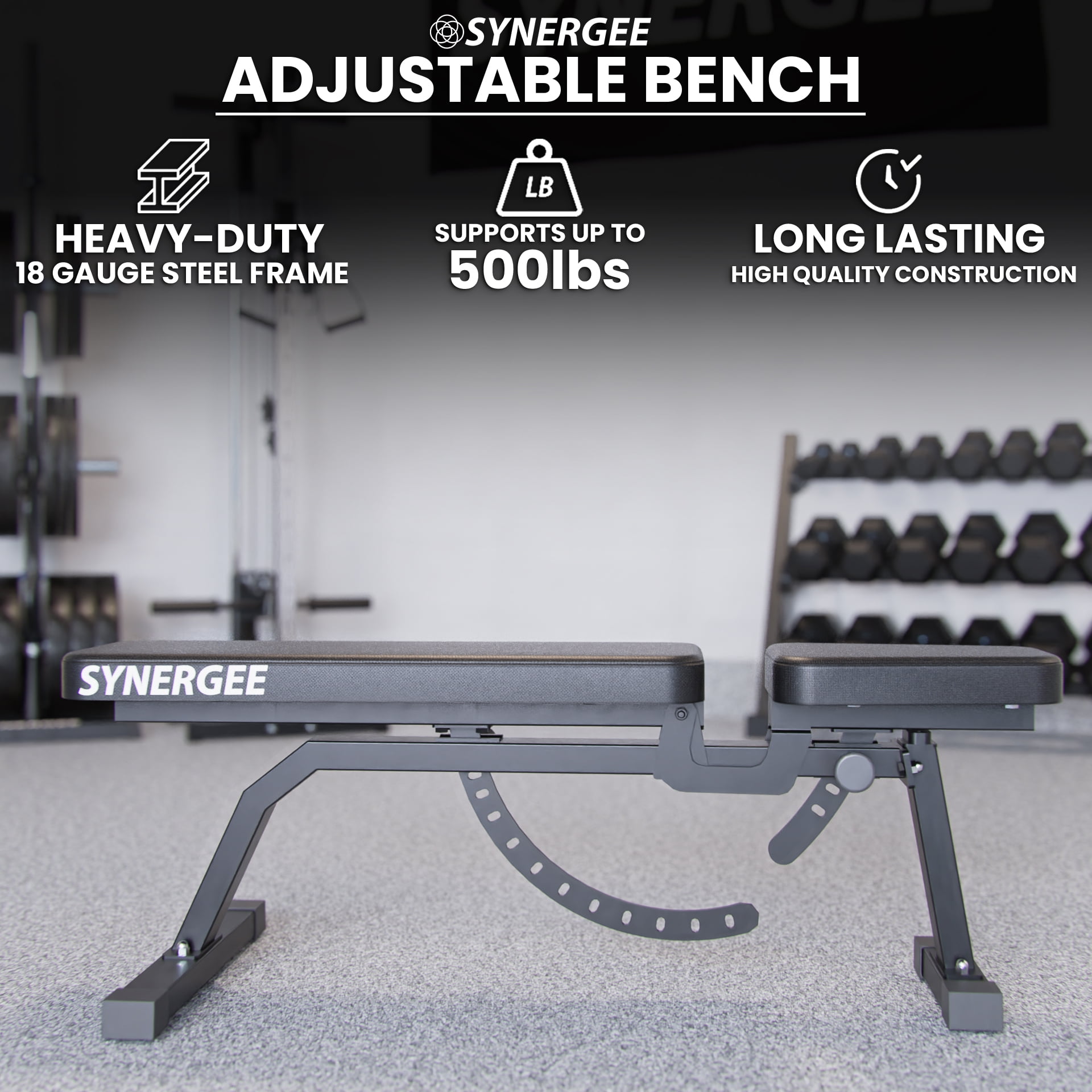 Synergee Adjustable Incline Workout Bench. Weight Bench for Dumbbell & Barbell Press Exercises & Workouts. Great for Commercial, Garage and Home Gym