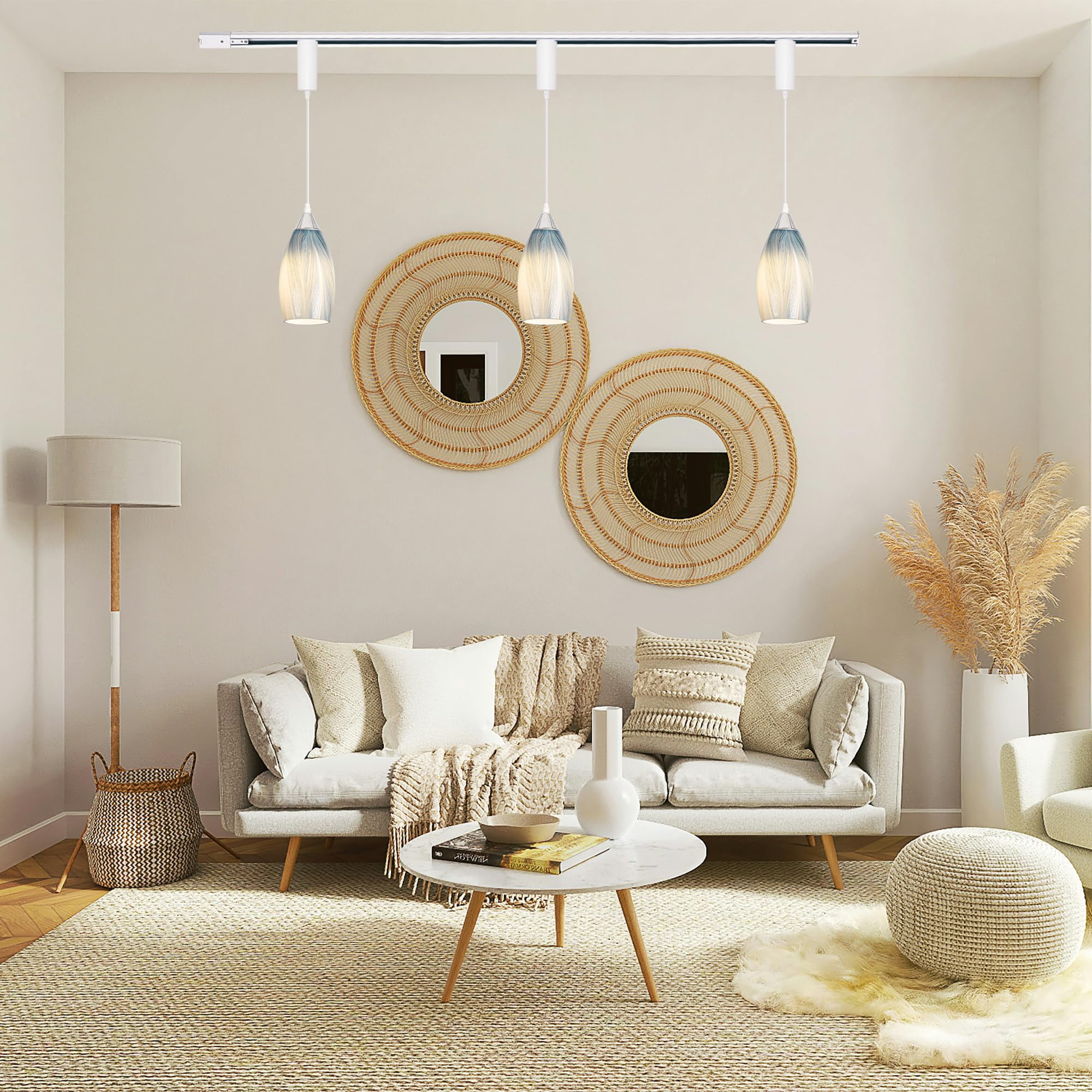 Kiven H-Type Track Lighting Pendants Adjustable Height,Farmhouse h Track Pendant Lights with Light Blue Glass Lampshade,Decorative Track Lighting Fixture for Kitchen Island Hallway, 3-Light