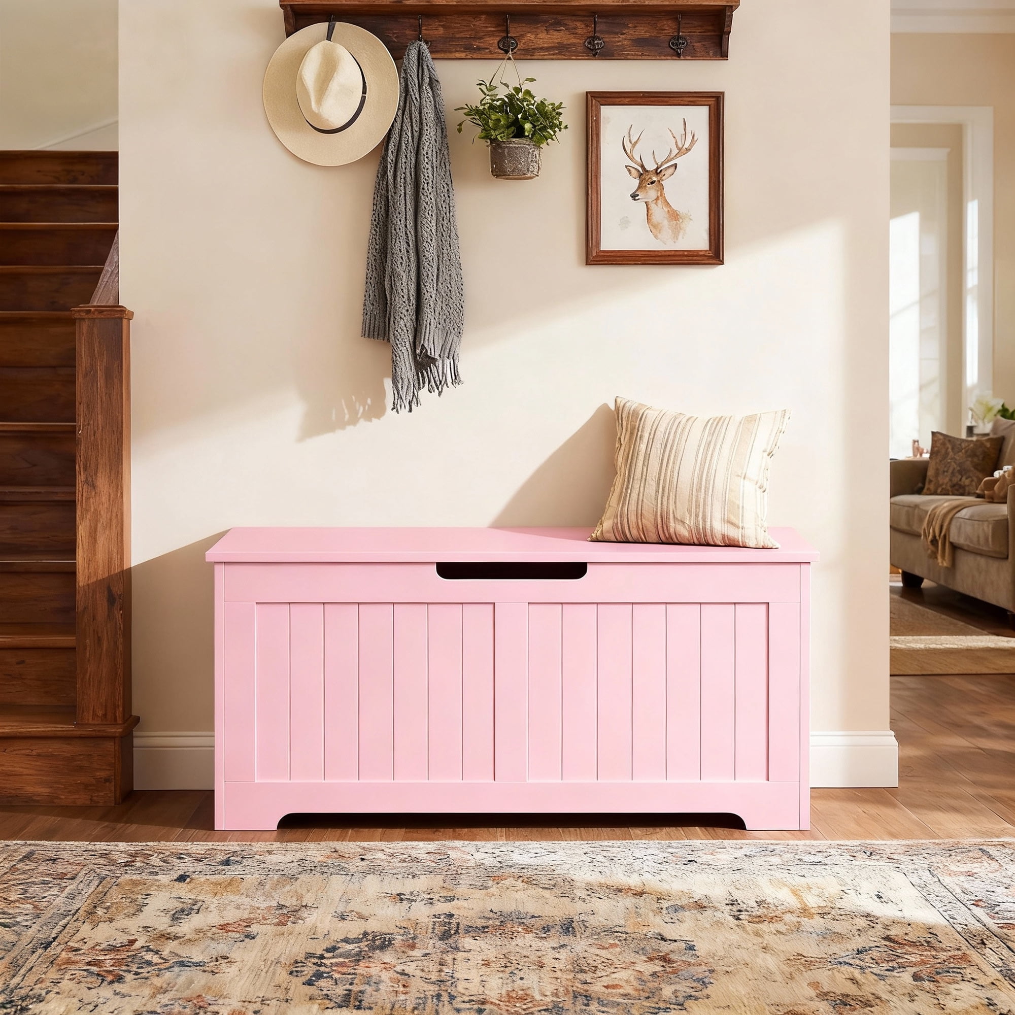 SuperDeal Wooden Storage Chest Box W/Safety Hinge, 39.4 in Large Storage Organizer Shoe Bench for Home Entryway, Bedroom, Pink