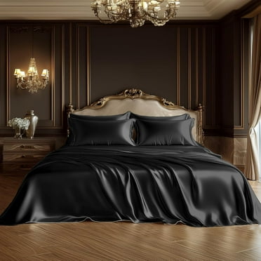 Full Size Satin Sheets Set - 14 Inches Deep Pocket, 6 Piece Black Silky Bedding Sets with 4 Pillowcases