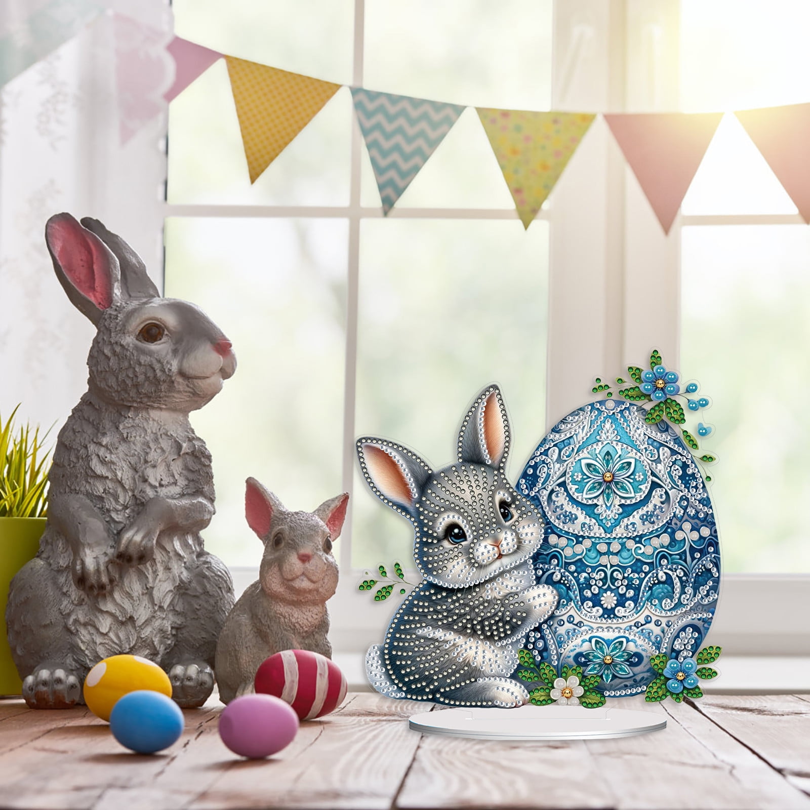 FLOPESN DIY Diamond Art Painting Easter Bunny Ornament Kits with Oval Base, Single-Sided Diamond Painting PET Craft for Home Decor
