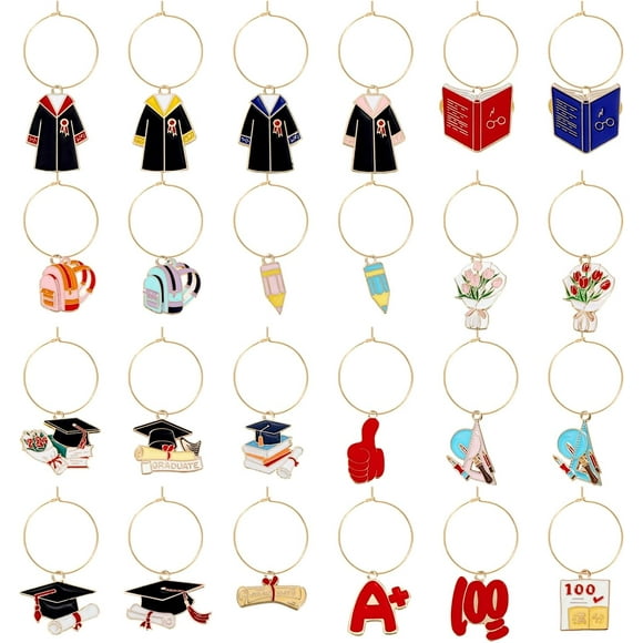 OOTSR 24pcs Wine Glass Charms, Glasses Markers for Graduation Celebration, Drink Labels for Party Decorations, Stem Glasses Cup Identifier Charms