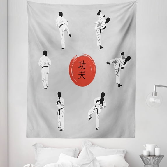Kung Fu Tapestry, Men in Karate Clothes Showing Moves with Hieroglyph Center, Fabric Wall Hanging Decor for Bedroom Living Room Dorm, 5 Sizes, Pale Grey Vermilion, by Ambesonne