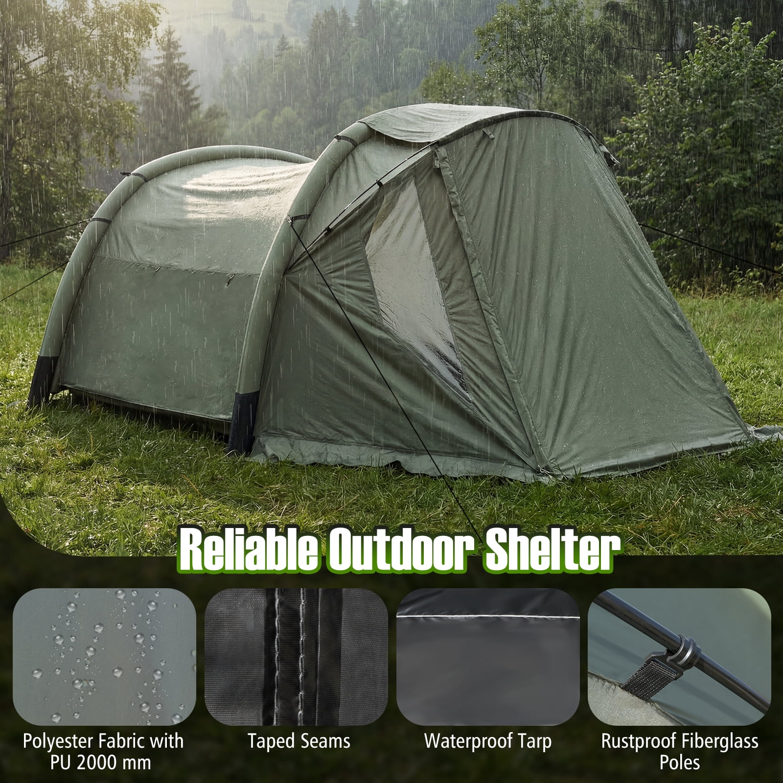 Costway Inflatable Camping Tent with Screened Porch, Mesh & Transparent Windows, Door