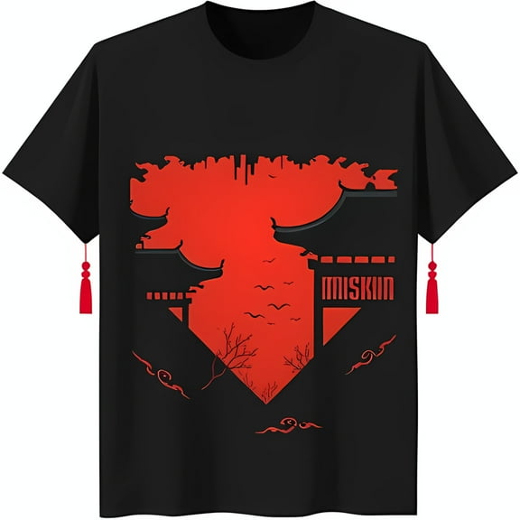 Red and Black Graphic T-Shirt Featuring Japanese Architecture Design Miskim Print