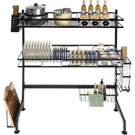 Dish Drying Rack, 2-Tier Over Sink Dish Dryer Rack with Drainer 8 Hooks & Different Racks, Cutlery Shelf Cup Organizing Metal Dishrack Set, Dish Racks for Kitchen Counter